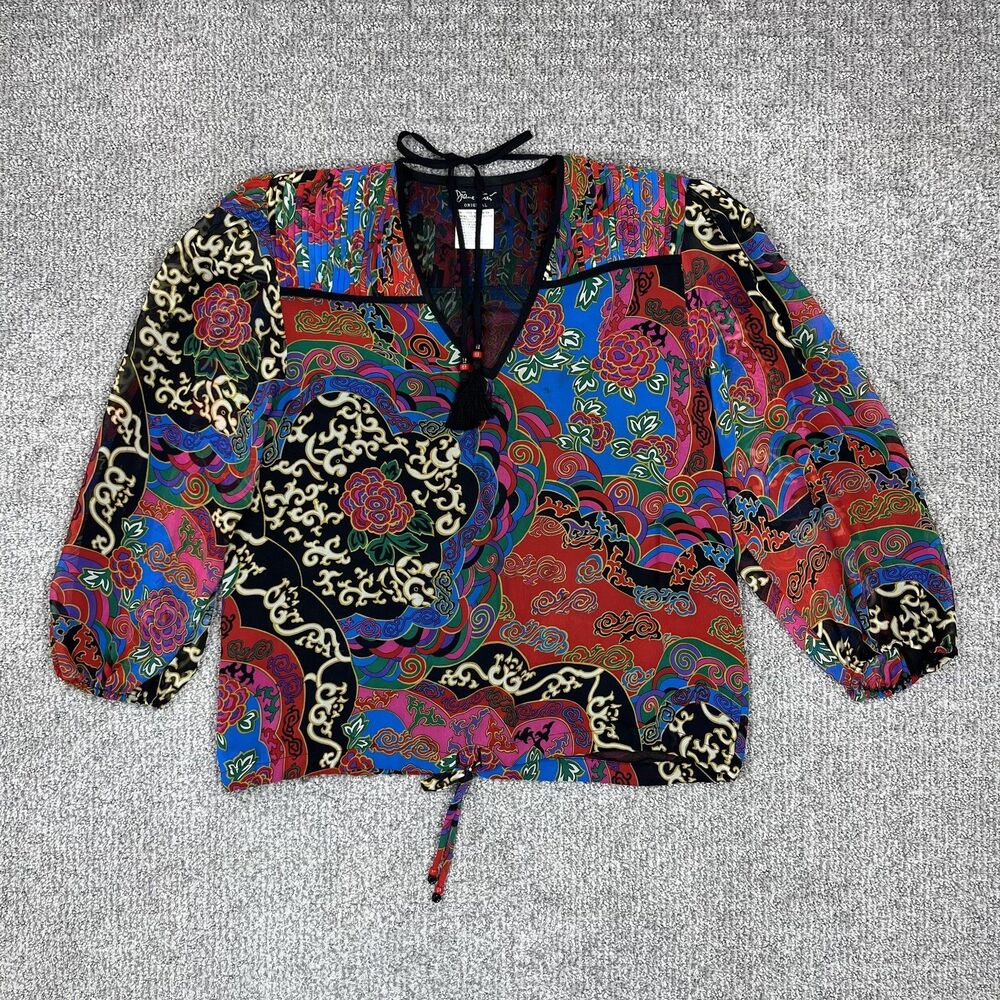 Vintage Diane Fres Top Women Medium Colorful Blouse Floral Artsy Boho Hong Kong